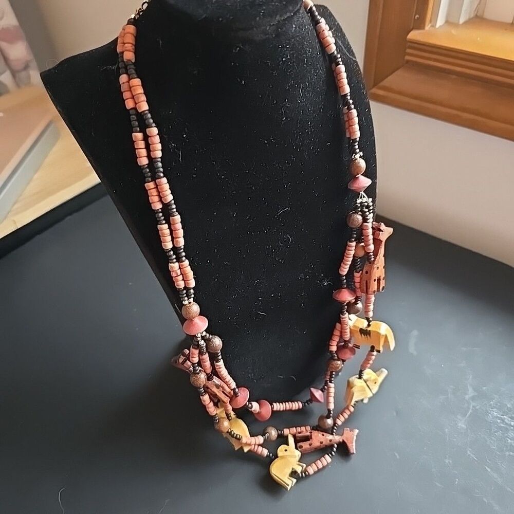 Carved Wood Animal Necklace Multi Strand Boho Tribal Giraffe Elephant Beaded 28"